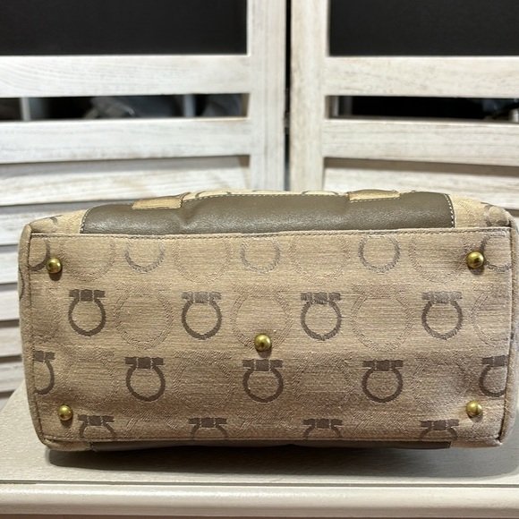 Salvatore Ferragamo Gancini Logo Leather Trim Khaki Tote Handbag,EUC, - Picture 8 of 12